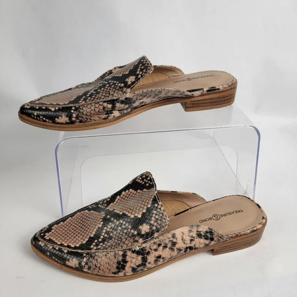 Treasure & Bond Womens 6.5 Tan Snake Print Slip On Mules‎ Business Casual Office